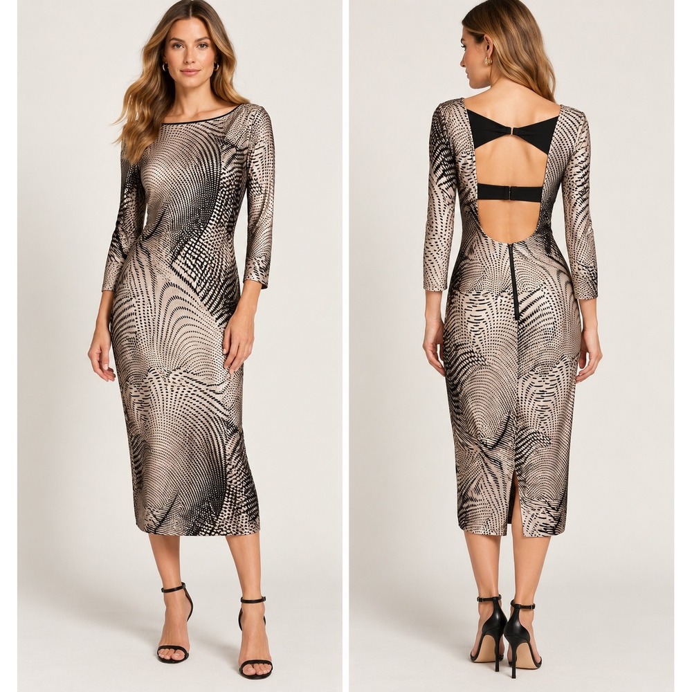 Alice + Olivia Champagne Black Velvet Print Open Back Midi Dress Small